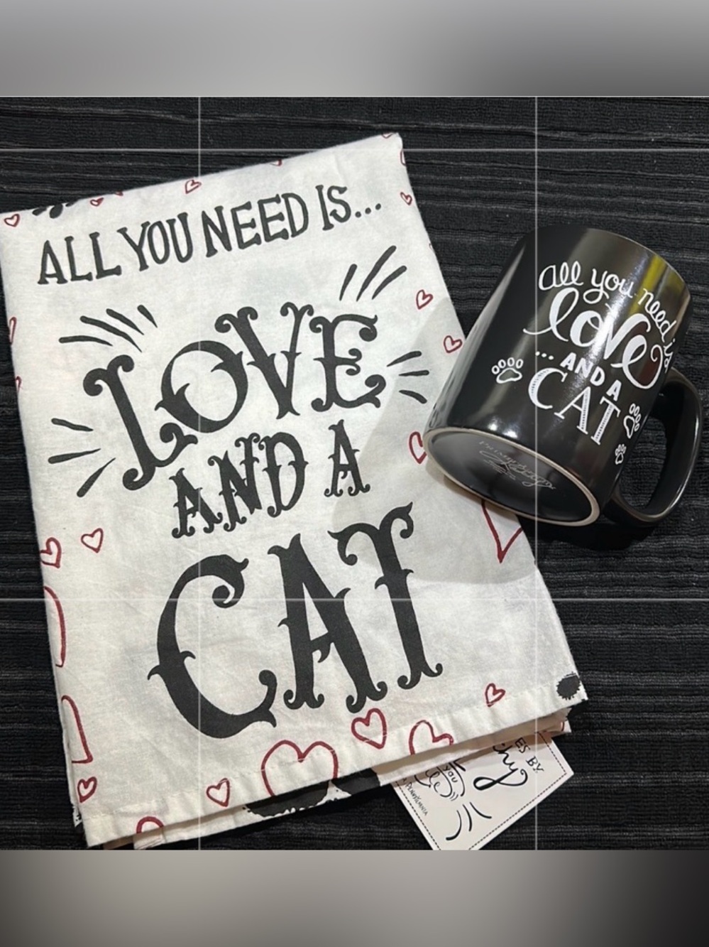 Primitives by Kathy~All You Need Is Love And A Cat Tea Towel & Mug Set